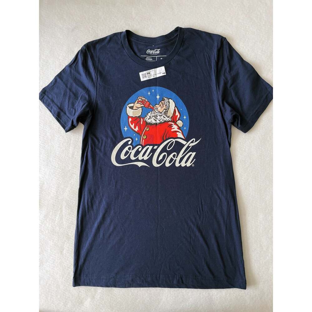 Coca-Cola Shirt Mens M Blue Santa Claus Christmas Graphic T Shirt Tee Holiday